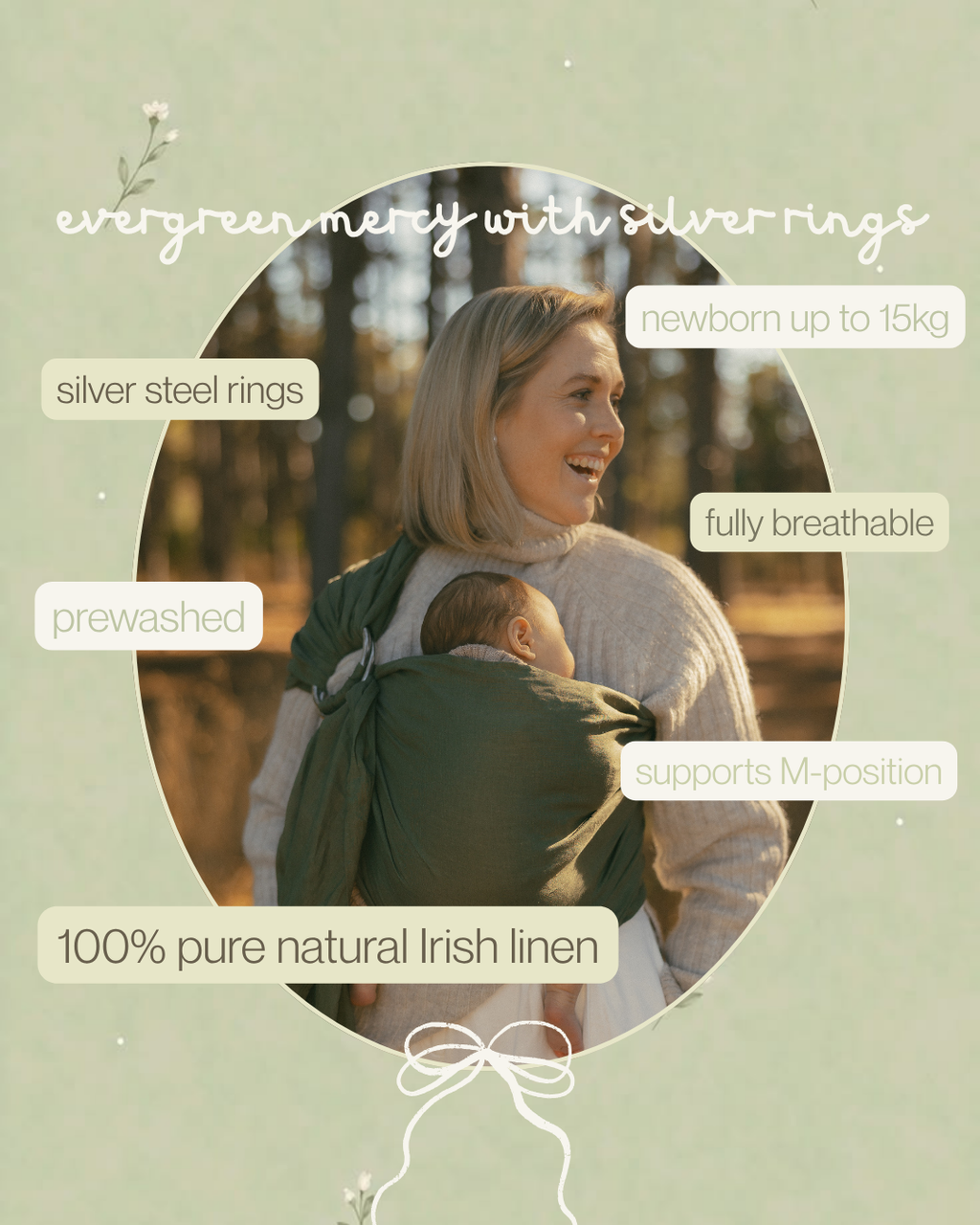 (PRE-ORDER) Evergreen Mercy - 100% pure linen ring sling (with silver rings)